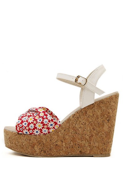 Red Floral Print Open Toe Ankle Strap Cork Wedges