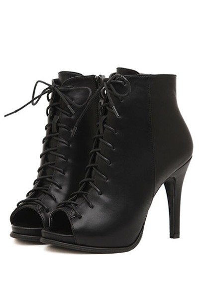 Black Lace Up Peep Toe Heel Booties on Luulla