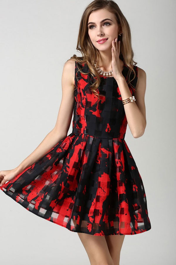 Black Red Mixed Print Sleeveless Casual Skater Dress