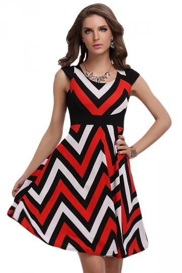 Watermelon Red Wave Pattern Chic Womens Skater Dress A