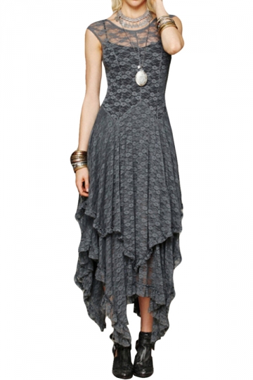 Gray Ladies Lace High Low Layered Maxi Dress A