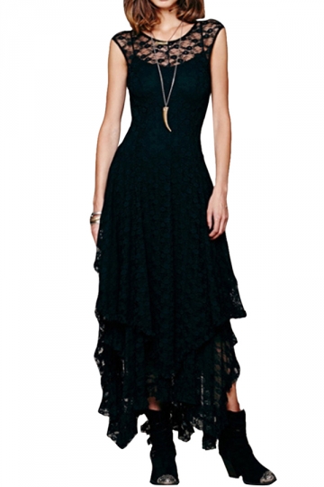 Black Ladies Lace High Low Layered Maxi Dress A