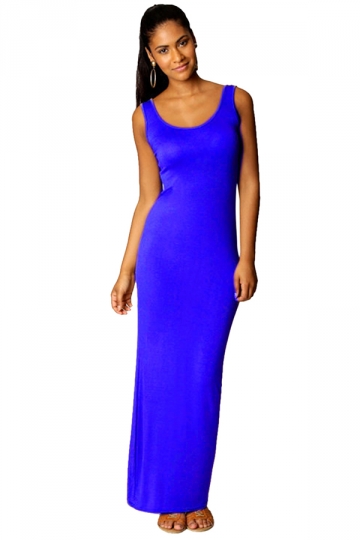 Sapphire Blue Plain Sleeveless Elegant Womens Maxi Dress A