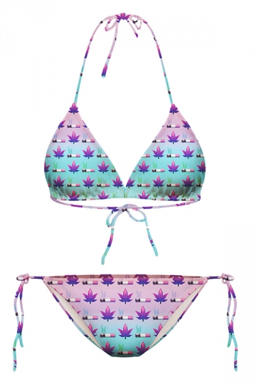 My Wish Blue Halter Leaf Printed String Bikini Top & Chic Swimwear ...