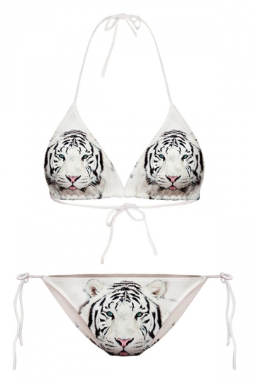 My Wish White Womens Halter Tiger Printed String Bikini Top & Swimwear Bottom