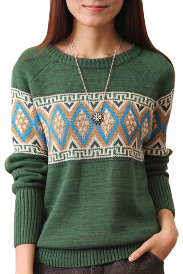 Ladies Round Neck Long Sleeve Chic Pullover Sweater Green (an)
