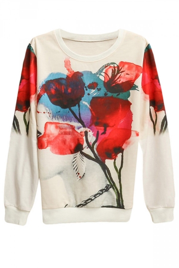 Womens Flower Beauty Printed Pullover Long Sleeve Sweatshirt Red (an ...