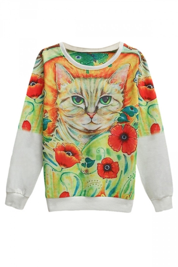 Womens Flower Cat Printed Pullover Long Sleeve Sweatshirt Green (an)