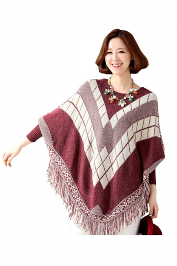 Ladies Fringe Batwing Sleeve Argyle Pullover Sweater Ruby (an)