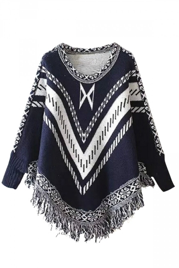 Ladies Batwing Sleeve Tassel Exotic Pullover Sweater Navy Blue (an)