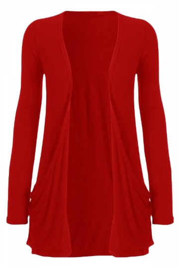 Womens Knitted Long Sleeve Plain Cardigan Sweater Red (an)