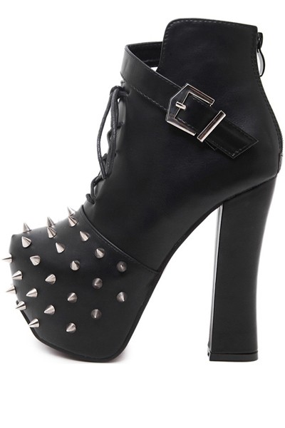 Black Spike Accent Lace Up Buckled Chunky Heel Booties