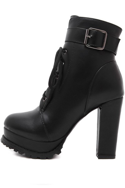 Black Lace Up Platform Buckle Strap Chunky Heel Booties