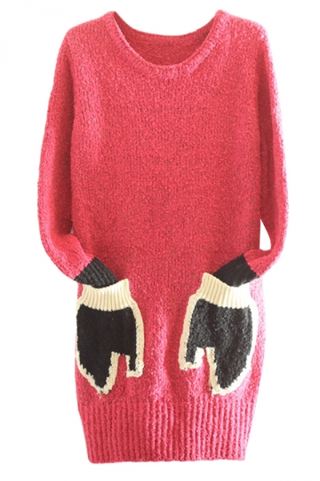 Womens Crewneck Long Sleeve Gloves Pocket Pullover Sweater Rose Red Ss
