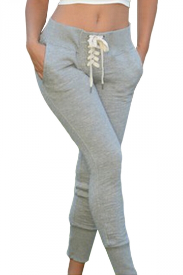 Womens Slim Lace Up Beam Port Leisure Pants Light Gray (s-xl)