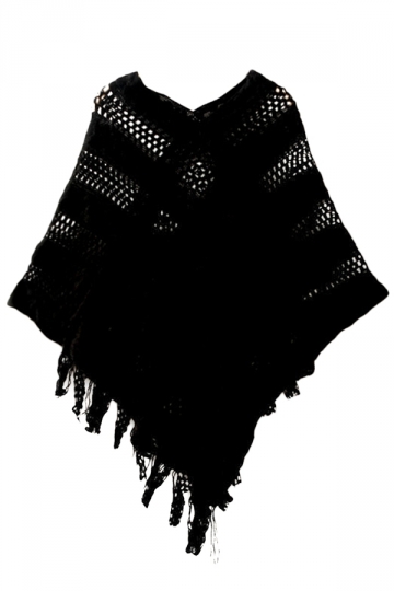 Womens Casual Fringe Hollow Out Irregular Pullover Poncho Sweater Black Ss