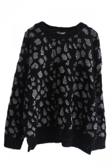 Black Vintage Leopard Patterned Crew Neck Pullover Womens Sweater S
