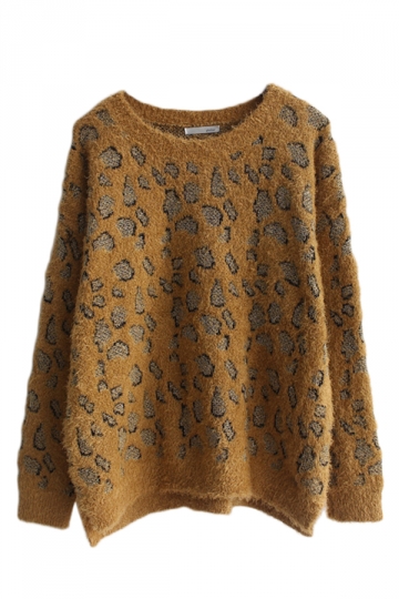 Yellow Vintage Leopard Patterned Crew Neck Pullover Womens Sweater S on ...