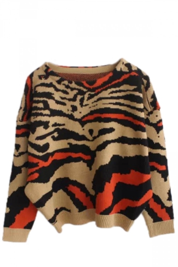 Brown Elegant Womens Zebra Patterned Pullover Sweater S