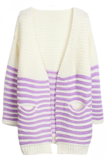 Purple Chic V Neck Stripe Color Block Patterned Cardigan Sweater S