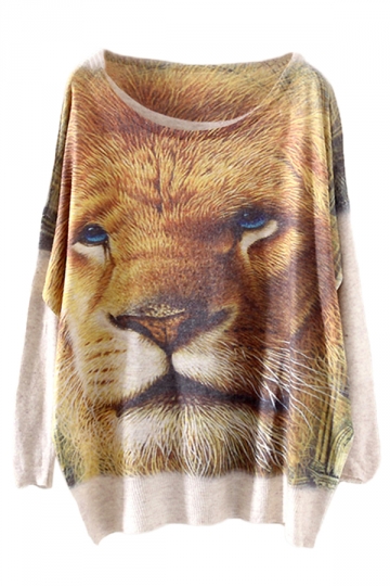 Yellow Stylish Womens Lion Printed Oversized Pullover Sweater S