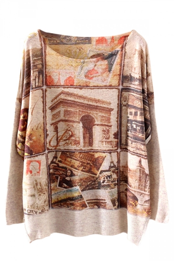 Khaki Womens Triumphal Arch Patterned Vintage Pullover Loose Sweater S