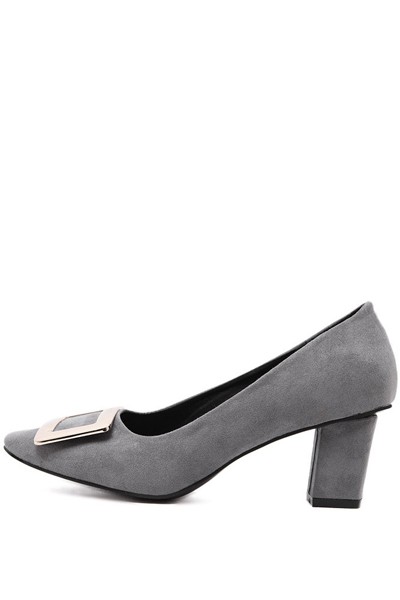 Gray Suede Metal Decor Square Toe Chunky Heels Z