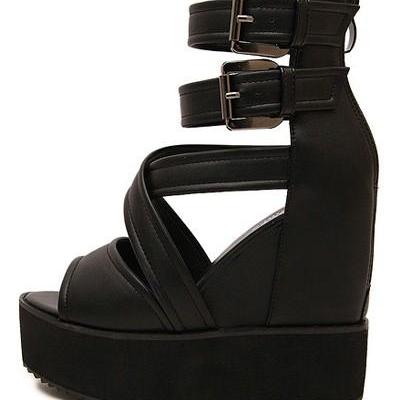 Free Shipping Black Crossover Peep Toe Ankle Strap Casual Wedges on Luulla