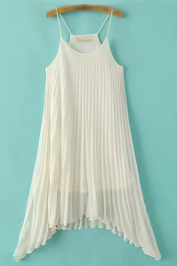Free Shipping White Spaghetti Straps Pleated Irregular Dress on Luulla