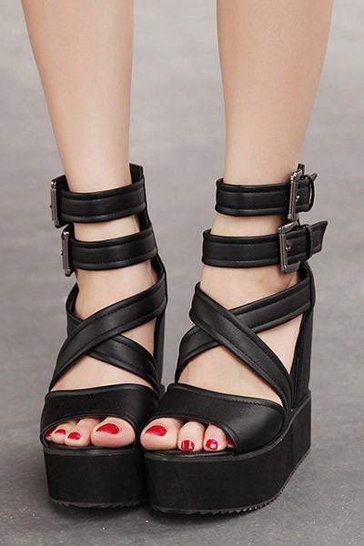 Black Crossover Peep Toe Ankle Strap Casual Wedges on Luulla