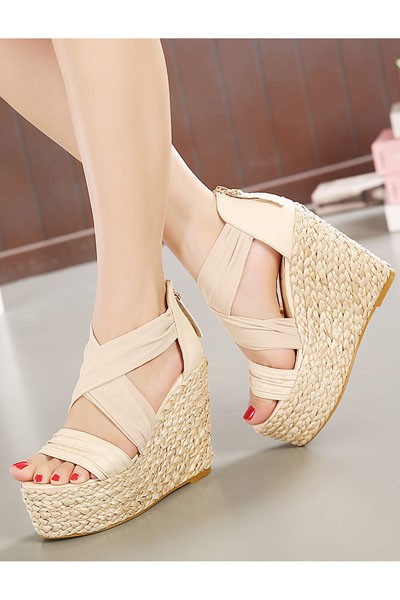 Free Shipping Apricot Satin Crossover Open Toe Woven Wedges on Luulla